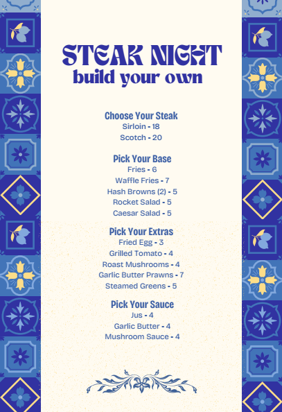 Build your own steak menu